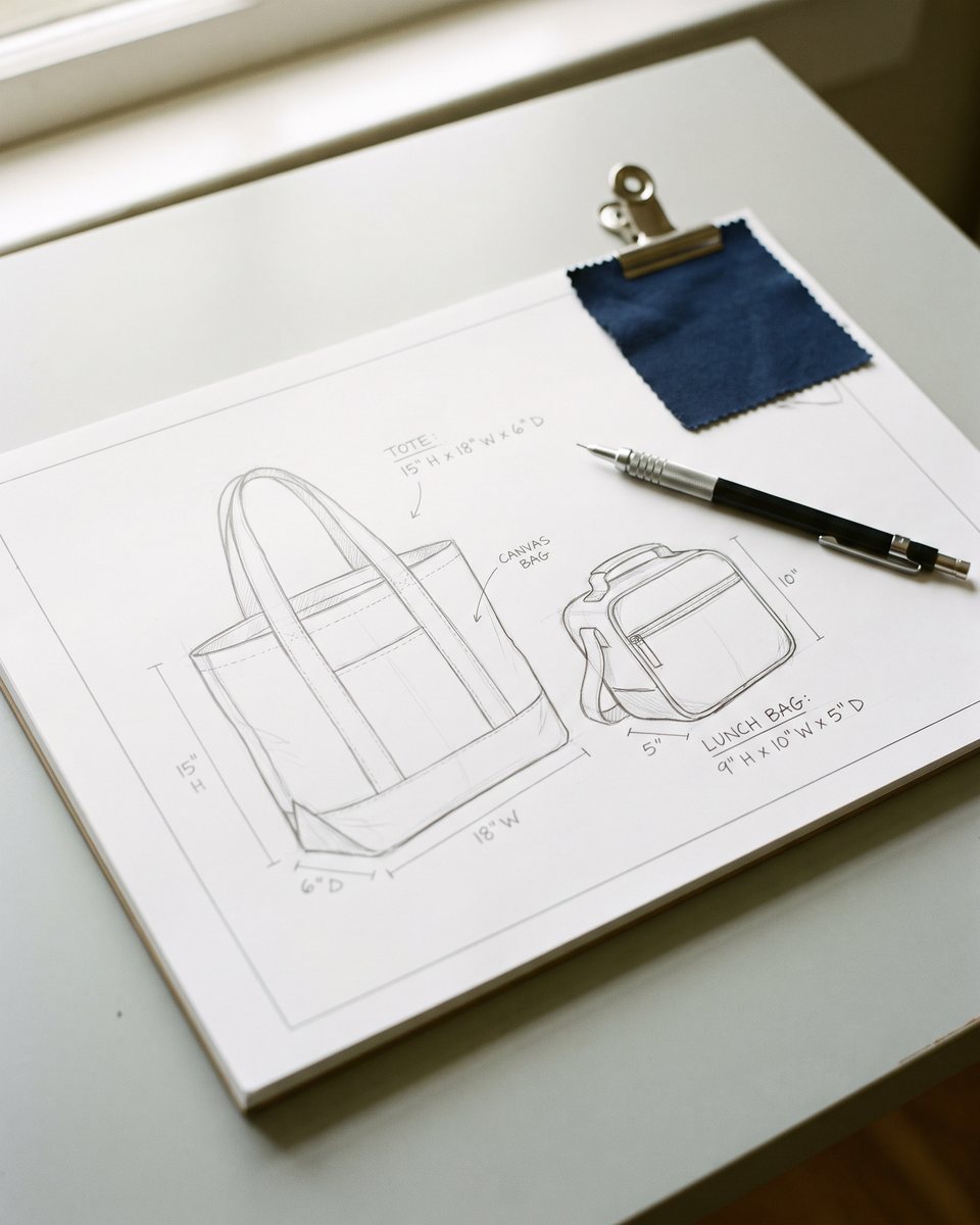 Pencil sketch of a tote bag and a lunch bag with dimension notes, a navy fabric swatch clipped to the sheet.