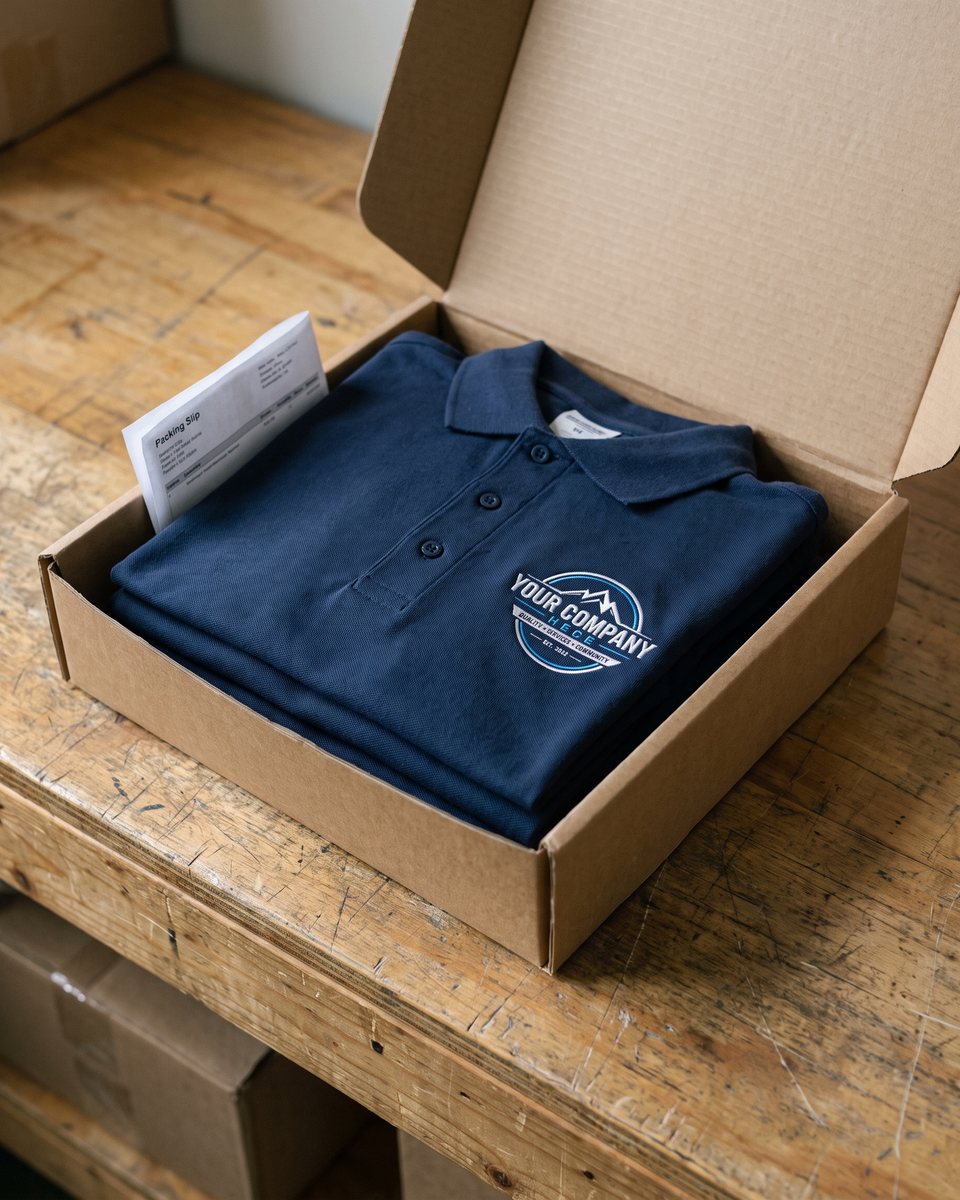 Navy polos folded in an open shipping carton with the packing slip.