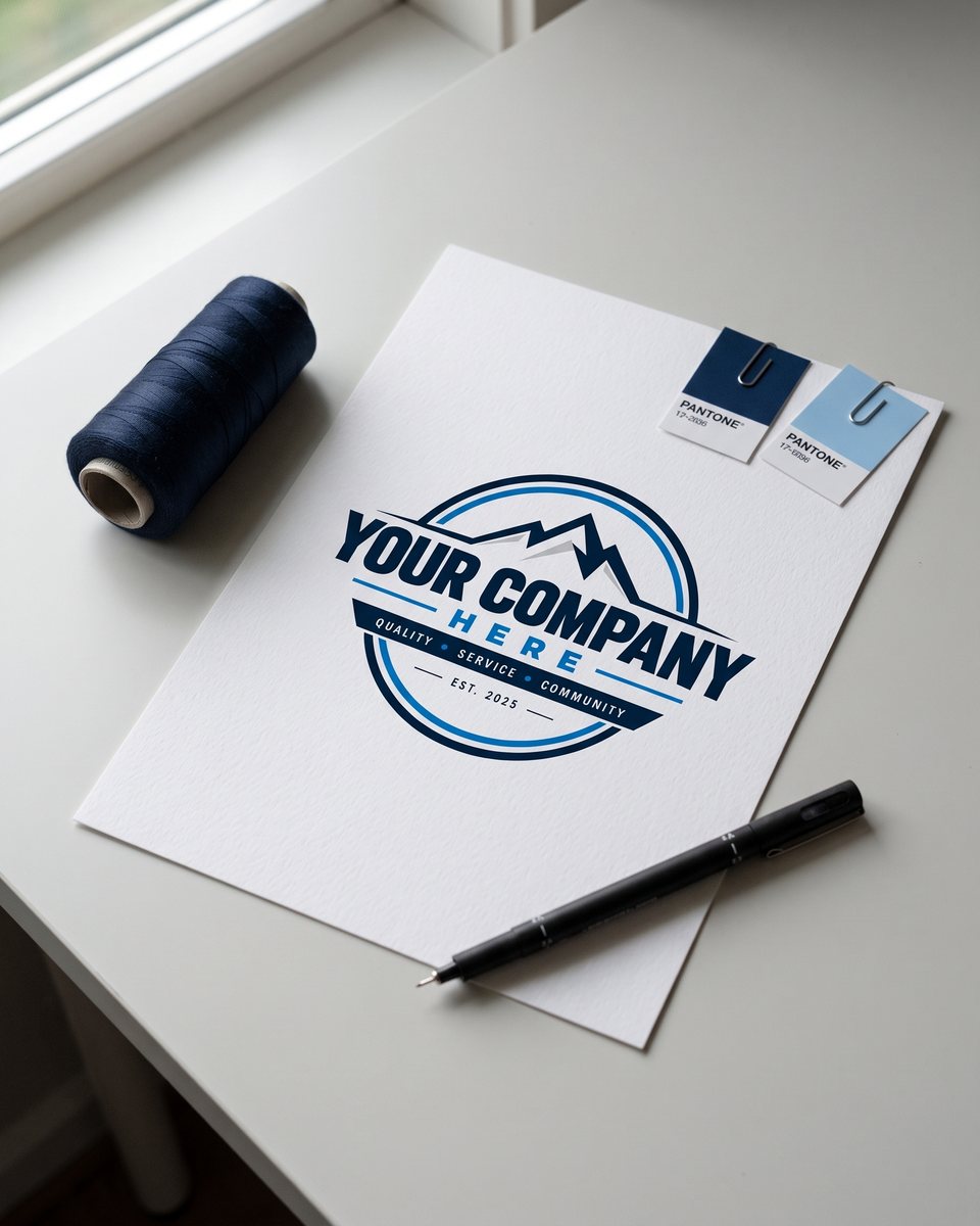 Printed artwork proof of the logo with Pantone chips and a cone of navy thread beside it.