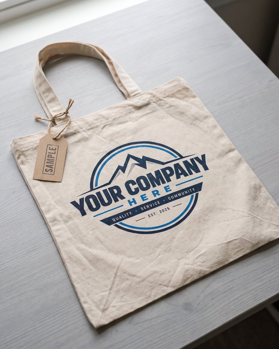 Natural canvas tote sample with the logo screen-printed in navy and a kraft sample tag.