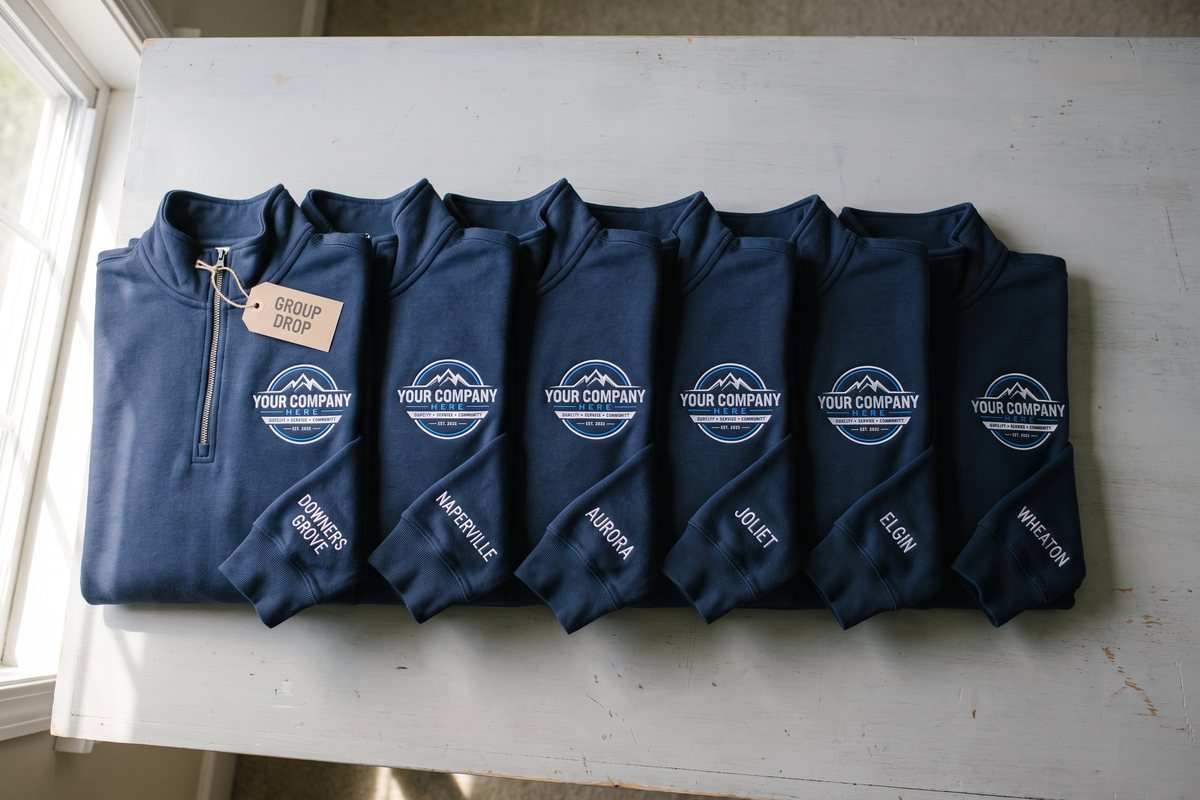A row of matching navy quarter-zips, each embroidered with the group crest and a different town name on the cuff.