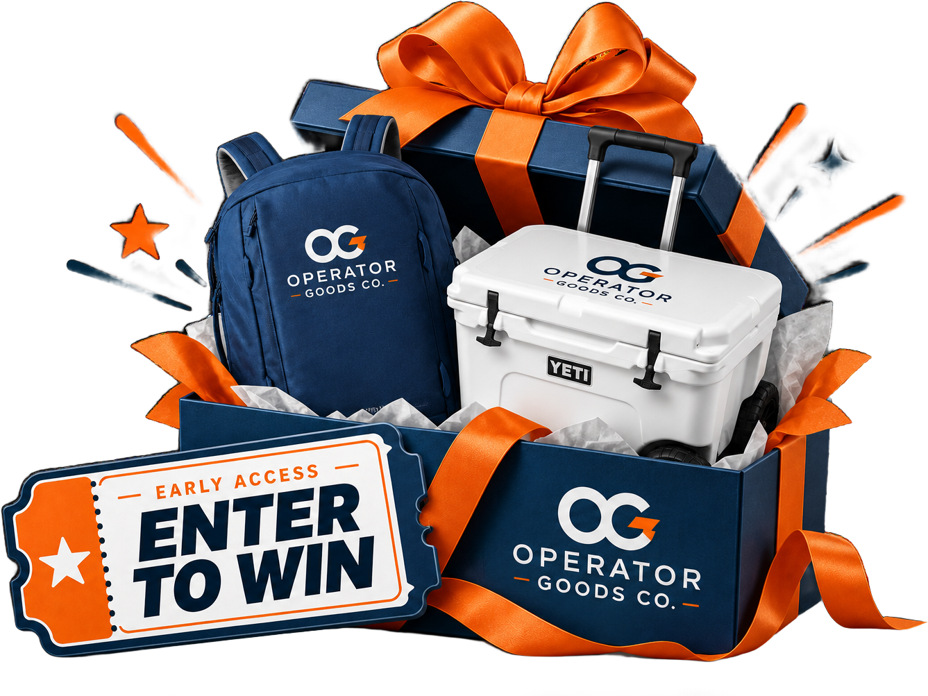 Giveaway prizes in a navy gift box with orange ribbon: an Operator Goods Co. branded YETI cooler and backpack, with an Enter to Win ticket.